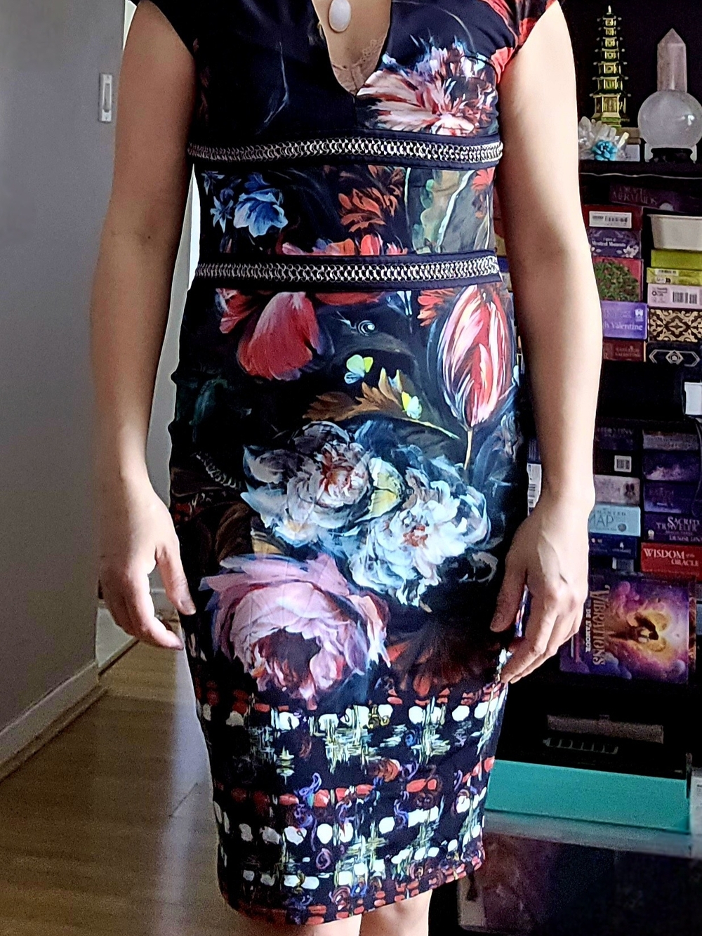 Roberto Cavalli Black Floral V-Neck Midi Dress